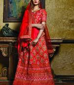 Red Plain Silk Unstitched Lehenga
