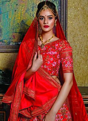 Red Plain Silk Unstitched Lehenga 2