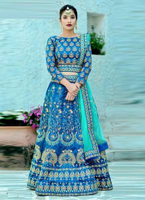 Blue Plain Silk Unstitched Lehenga 1