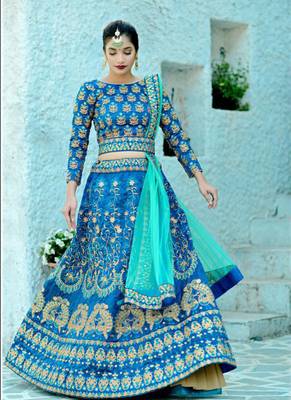 Blue Plain Silk Unstitched Lehenga 2