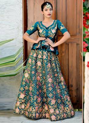 Green Plain Silk Unstitched Lehenga 1