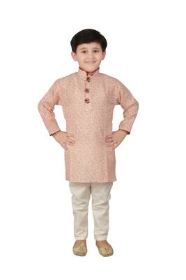 Beige printed cotton boys-kurta-pyjama 1