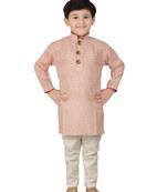 Beige printed cotton boys-kurta-pyjama