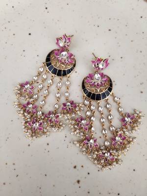Pink Blue Meenakari Gold Tone Earrings 1