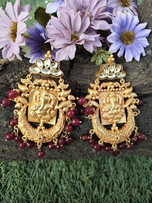 Red Gold Tone Temple Earrings 1