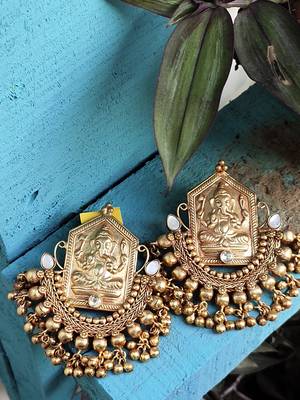 Gold Tone Ganesh Temple Earrings 2