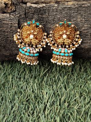 Turquoise Gold Tone Temple Earrings 1