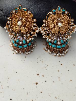 Turquoise Gold Tone Temple Earrings 2