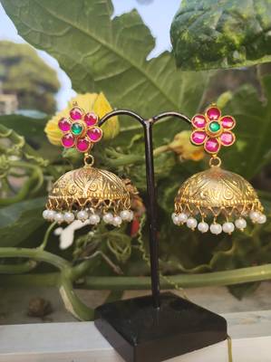 Red Gold Tone Jhumka Earrings 2