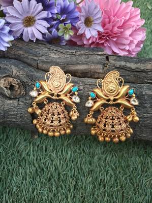 Turquoise Gold Tone Temple Earrings 1