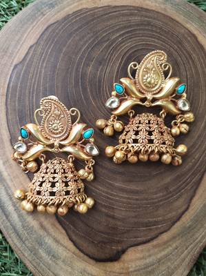 Turquoise Gold Tone Temple Earrings 2