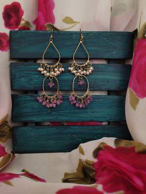 Pink White Gold Tone Beaded Earring 1