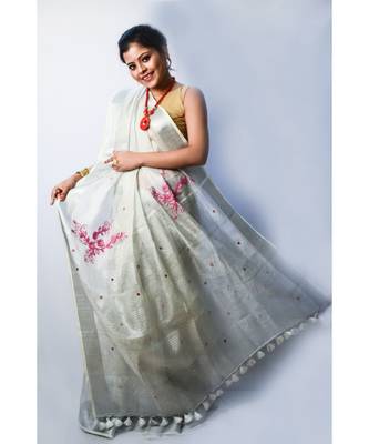 Unitex Fashion Grey Embroidered Linen Silk Saree With Blouse 1