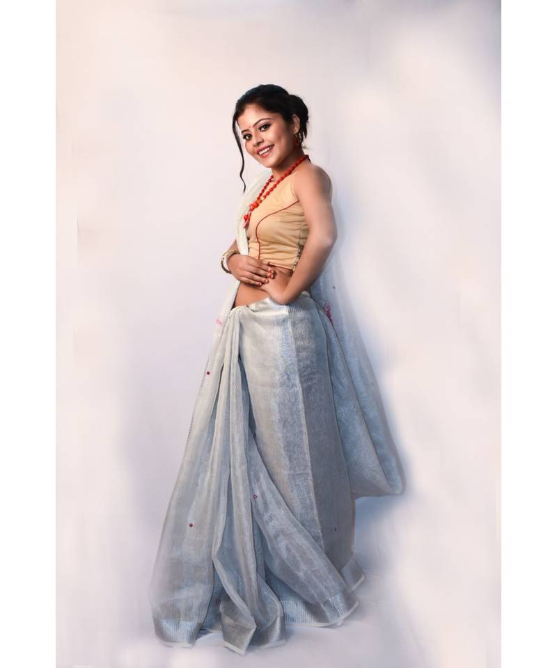 Unitex Fashion Grey Embroidered Linen Silk Saree With Blouse