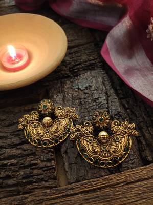 Green Gold Tone Temple Earrings 1