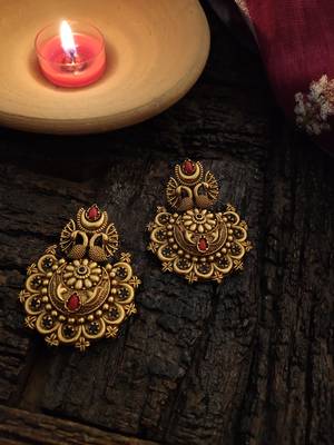 Red Gold Tone Temple Earrings 1