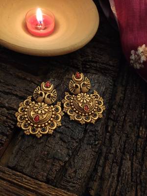 Red Gold Tone Temple Earrings 2