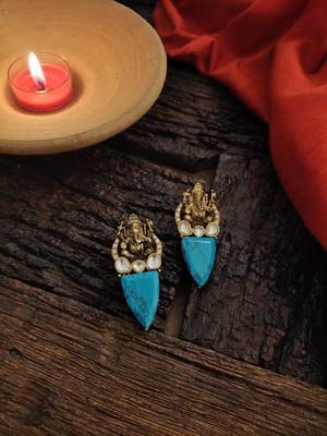 Turquoise Gold Tone Temple Earrings 1