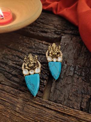 Turquoise Gold Tone Temple Earrings 2