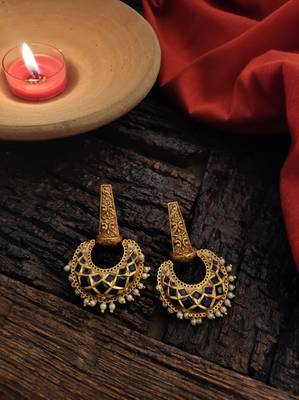Blue Gold Tone Temple Earrings 1