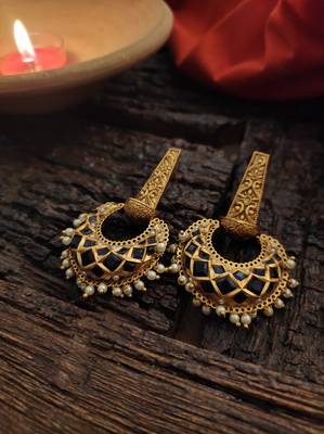 Blue Gold Tone Temple Earrings 2
