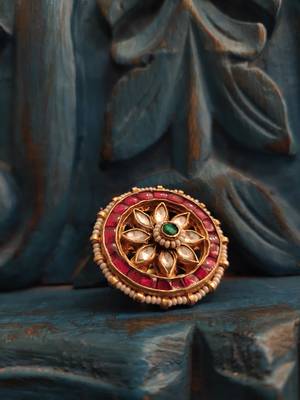 Red Green Gold Tone Polki Ring 1