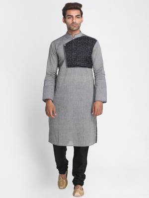 Grey Solid Cotton Men Kurtas 1