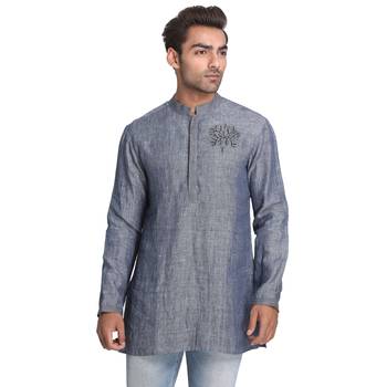 Grey Embroidered Linen Men Kurtas 1