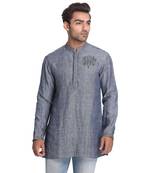Grey Embroidered Linen Men Kurtas