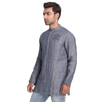 Grey Embroidered Linen Men Kurtas 4
