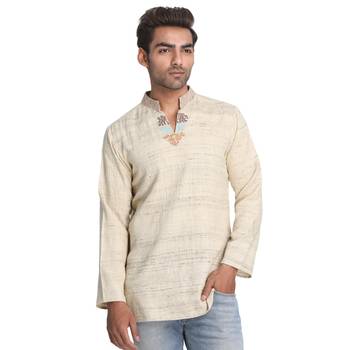 Beige Embroidered Silk Men Kurtas 1