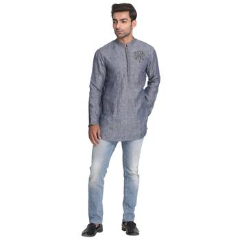Grey Embroidered Linen Men Kurtas 5