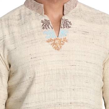 Beige Embroidered Silk Men Kurtas 2