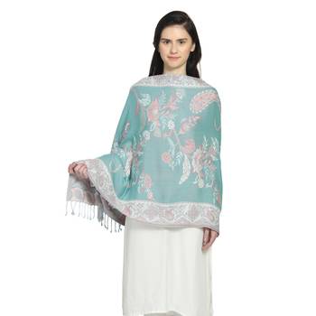 Light Blue & Pink Viscose Rayon Woven Design Floral Paisley Reversible Shawl 1