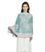 Light Blue & Pink Viscose Rayon Woven Design Floral Paisley Reversible Shawl
