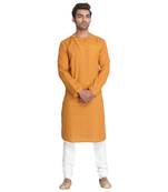 Yellow Embroidered Cotton Men Kurtas