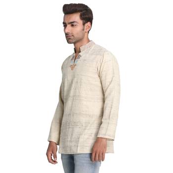 Beige Embroidered Silk Men Kurtas 4