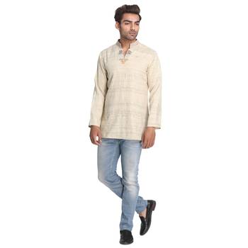 Beige Embroidered Silk Men Kurtas 5