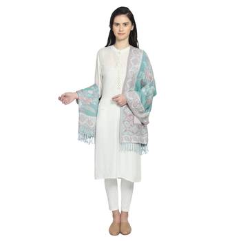 Light Blue & Pink Viscose Rayon Woven Design Floral Paisley Reversible Shawl 3