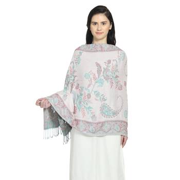 Light Blue & Pink Viscose Rayon Woven Design Floral Paisley Reversible Shawl 4