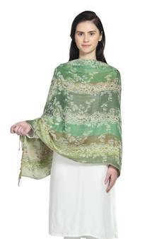 Multi Green Viscose Rayon Woven Design Floral Colorblock Shawl