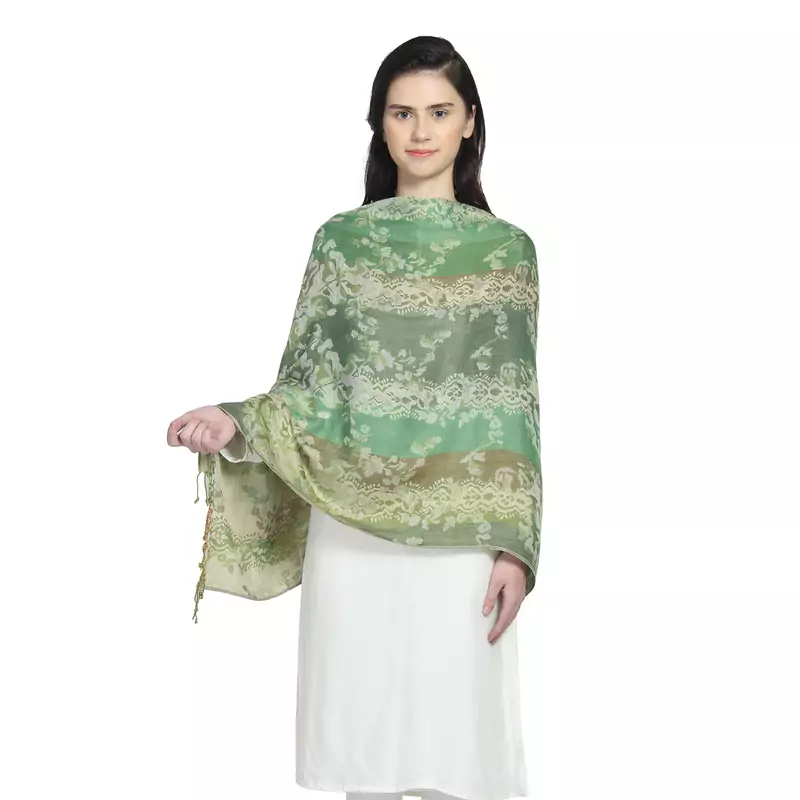 Multi Green Viscose Rayon Woven Design Floral Colorblock Shawl