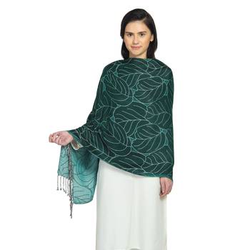 Emerald Green Viscose Rayon Woven Design Botanical Reversible Shawl 1