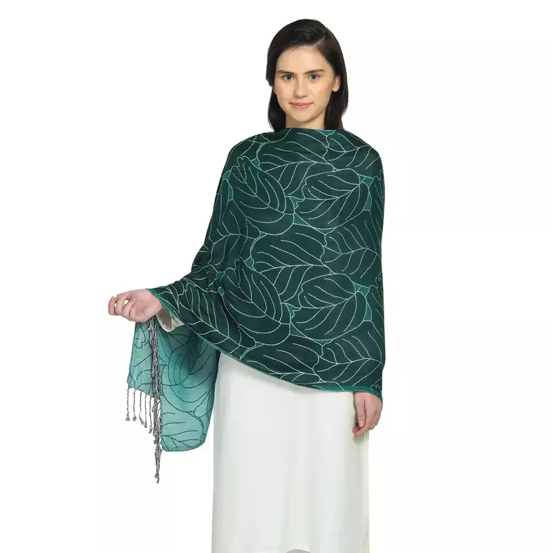 Emerald Green Viscose Rayon Woven Design Botanical Reversible Shawl