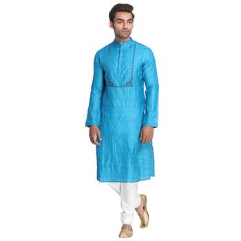 Blue Embroidered Silk Men Kurtas 1