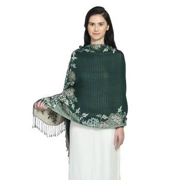 Emerald Green Viscose Rayon Woven Design Floral Botanical Reversible Shawl 1