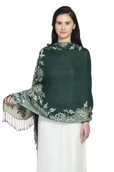 Emerald Green Viscose Rayon Woven Design Floral Botanical Reversible Shawl