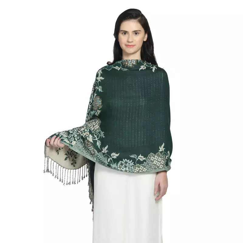 Emerald Green Viscose Rayon Woven Design Floral Botanical Reversible Shawl