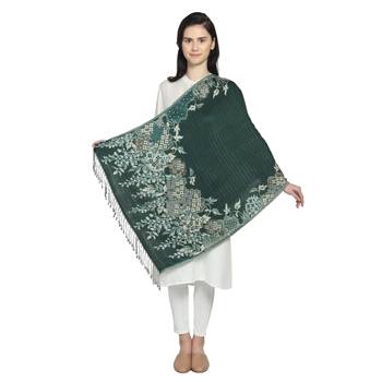 Emerald Green Viscose Rayon Woven Design Floral Botanical Reversible Shawl 2