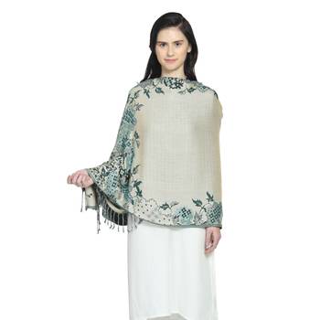 Emerald Green Viscose Rayon Woven Design Floral Botanical Reversible Shawl 4